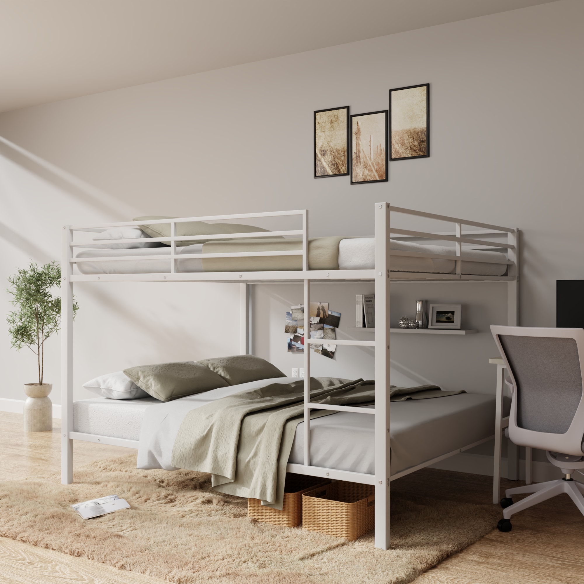 Full Over Full Bunk Bed, Heavy Duty Metal Bunk Bed Frame With Built-in Ladder And Safety Guard Rail, Low Metal Bunk Bed Frame For Kids, No Boxspring Required, For Small Spaces, White_voghion.com